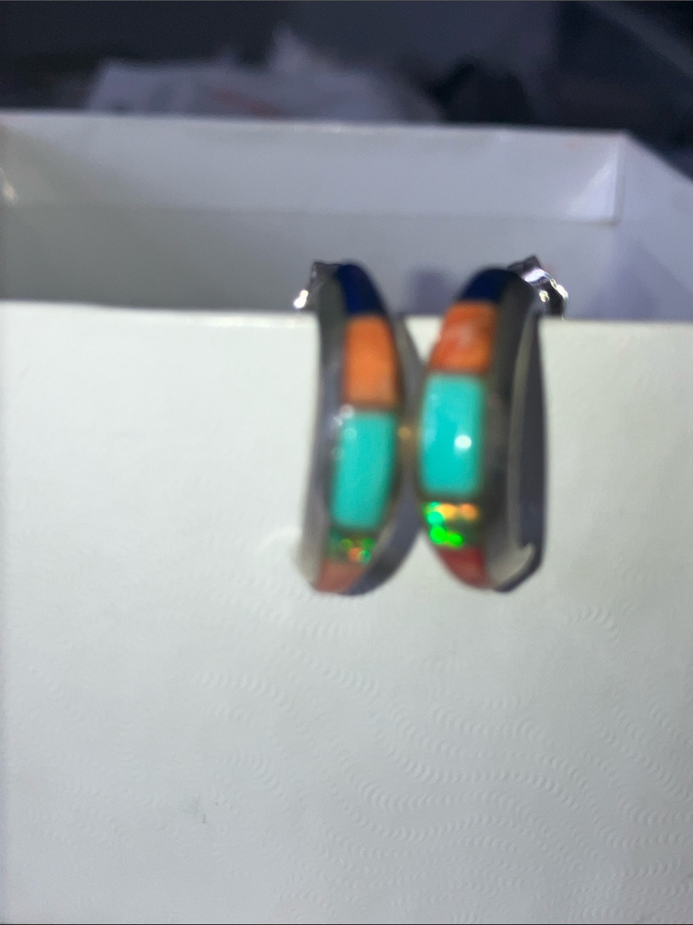 Lazuli Turquoise and Orange Inlay Sterling Silver Hoop Earrings for Women